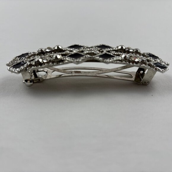 VTG Barrette Silver Tone Rhinestones Black Enamel Accents Hair Clip France - Picture 4 of 9